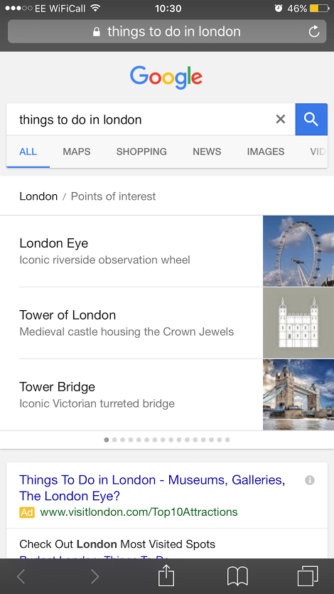 things to do in london - mobile SERP