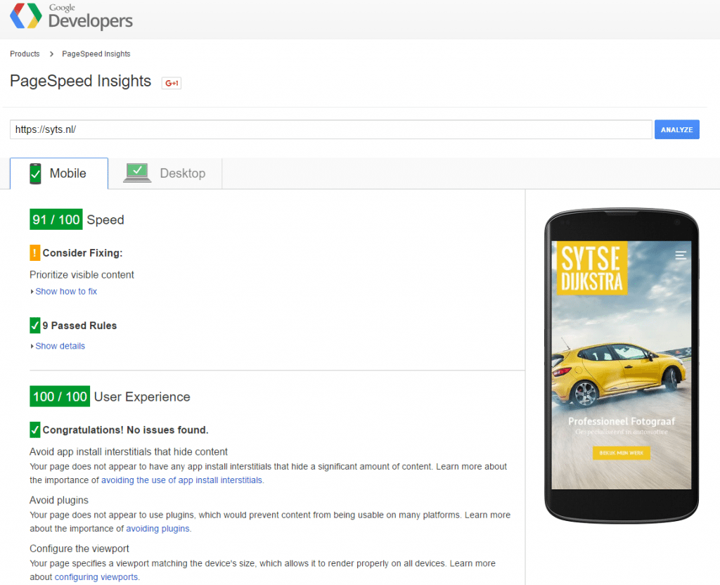 Google page speed tool