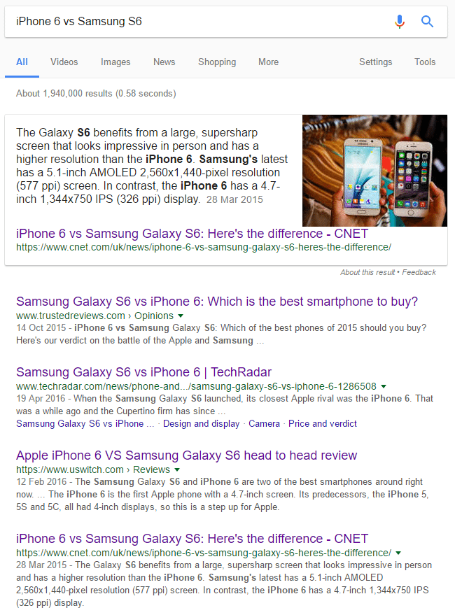 iphone 6 vs samsung s6 - serp