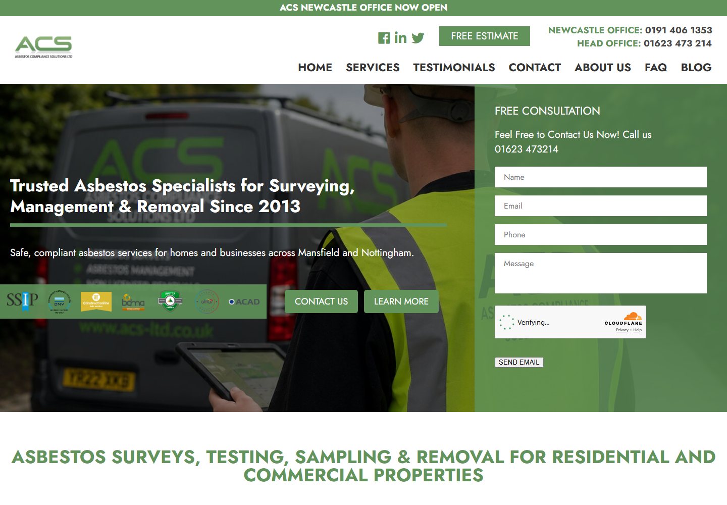 The Asbestos Compliance Solutions homepage showing asbestos surveying and removal services with a free consultation form