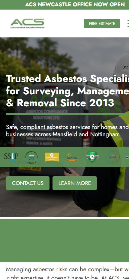The Asbestos Compliance Solutions website displayed on a mobile phone
