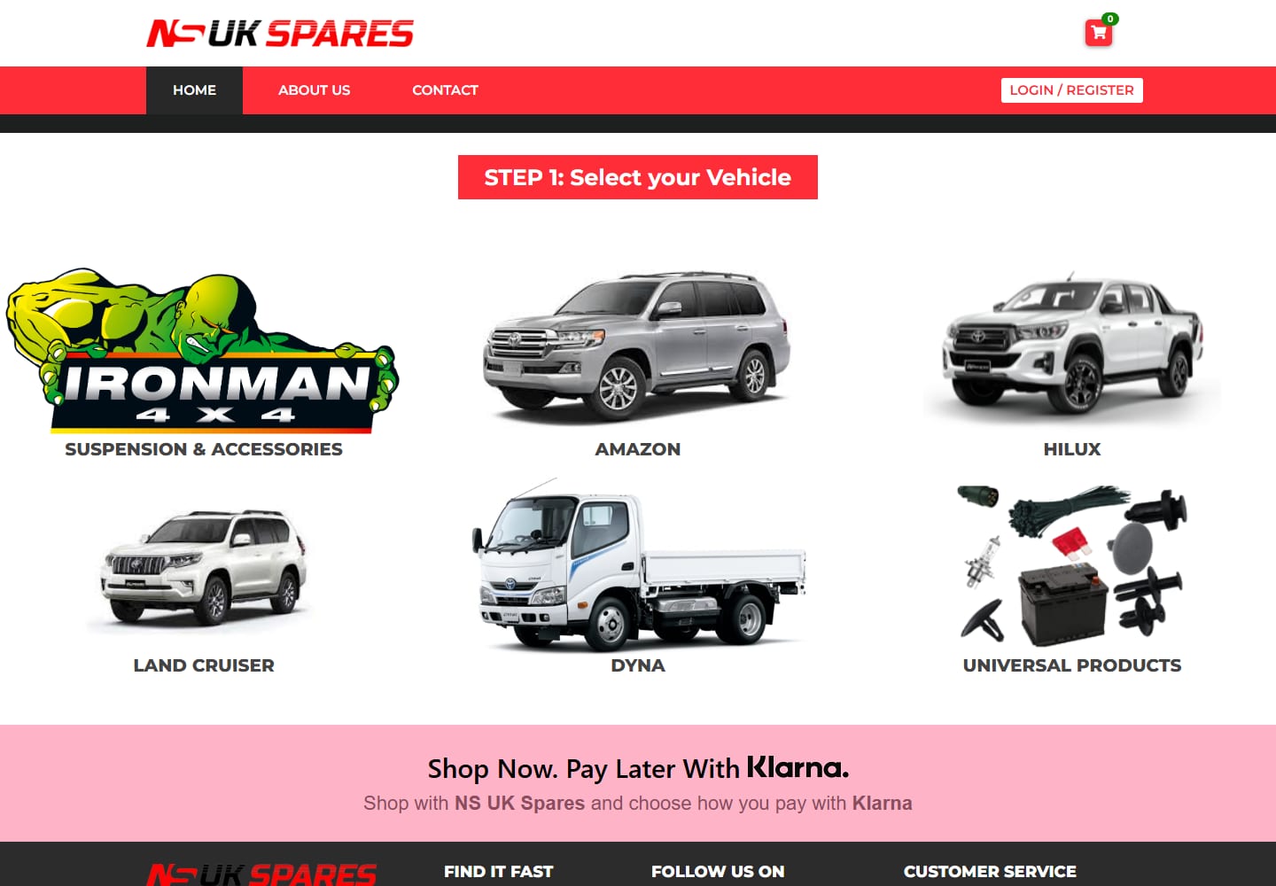 The NS UK Spares storefront showing Toyota vehicle categories for UK customers