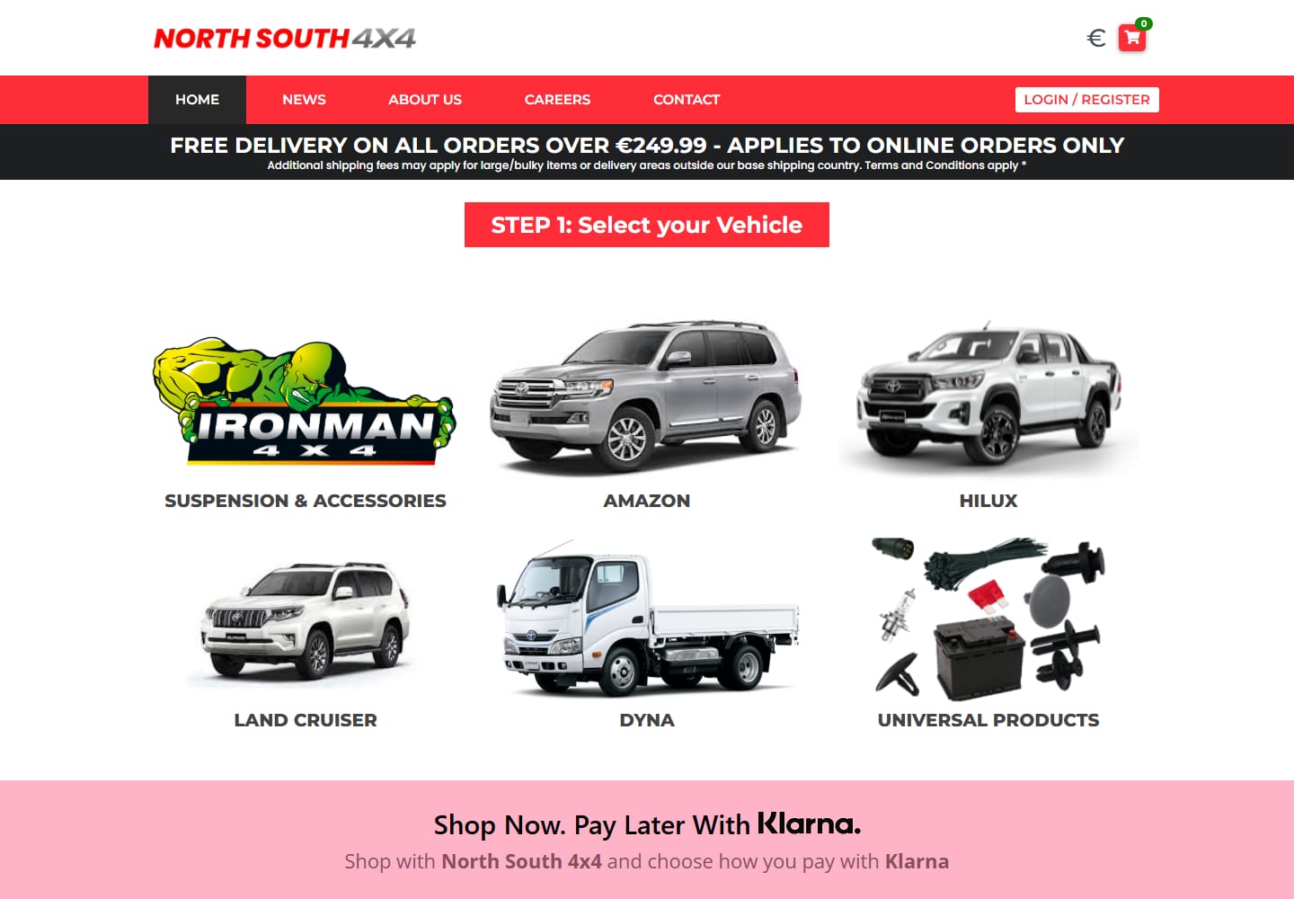 The North South 4x4 Irish storefront showing Toyota vehicle categories