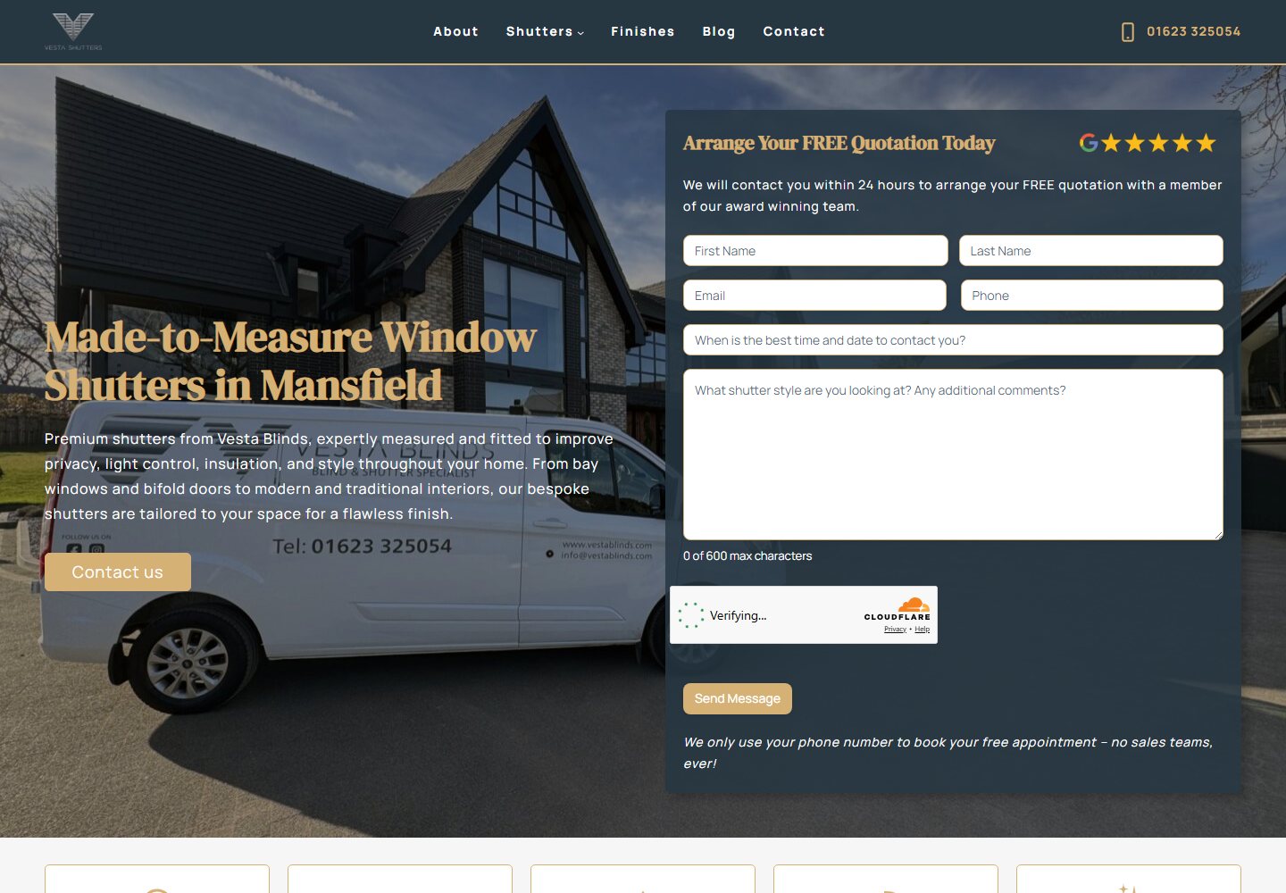 The Mansfield Shutters homepage showing made-to-measure window shutters in Mansfield