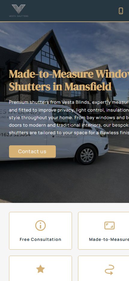 The Mansfield Shutters website displayed on a mobile phone