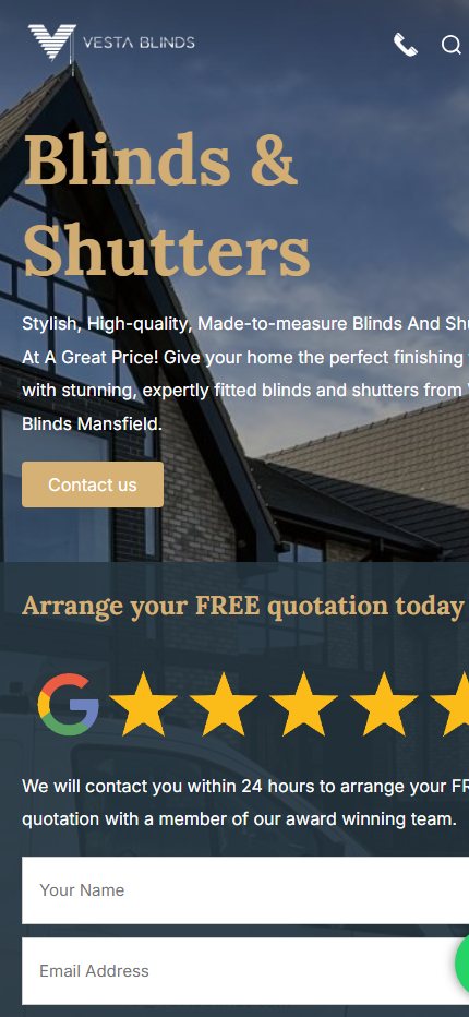 The Vesta Blinds website displayed on a mobile phone