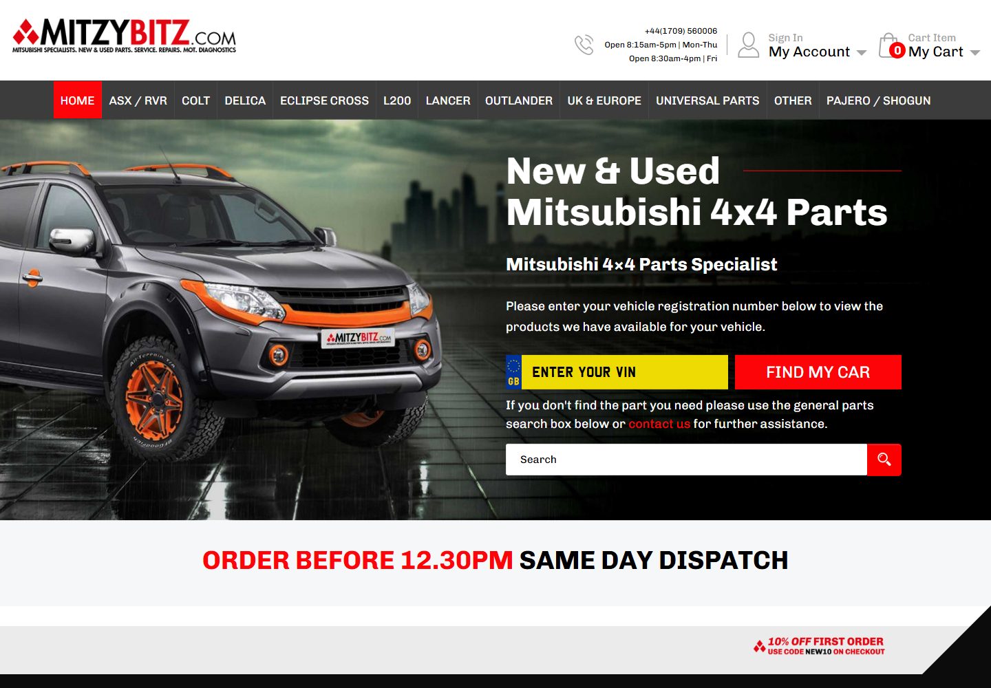 The Mitzy Bitz homepage showing Mitsubishi 4x4 parts categories by vehicle