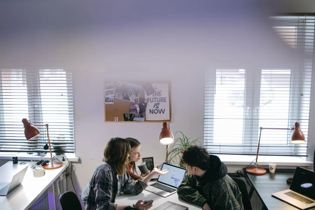 A small web design team working together around laptops in a bright office
